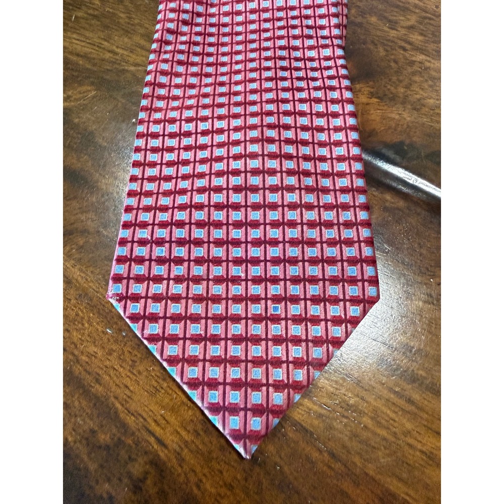 Stafford Mens Red Blue Geometric Square Pattern 100% Silk Necktie RN 93677